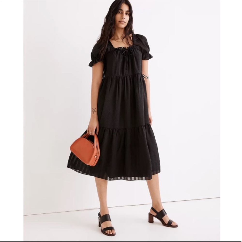 Madewell Square-Neck Tiered Midi Dress in Textured Seersucker